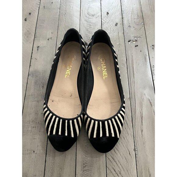 CHANEL Black Ivory Velvet Zebra Striped CC Ballet Flats Size 39 9